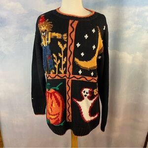 Black Halloween Knit Sweater with Pumpkin & Ghost Motif Size 18W